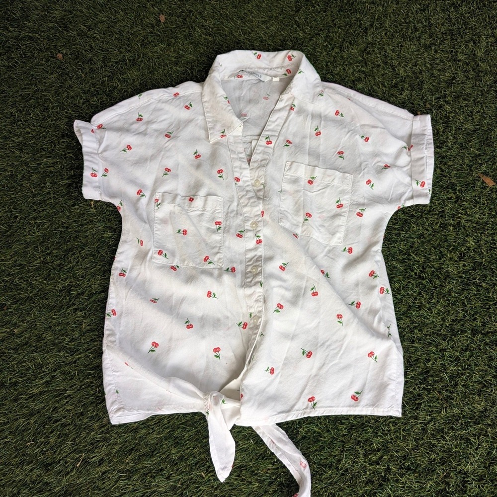 White, Cherry Print Fruit Print Retro Womens S Button Down Shirt Short Sleeve S